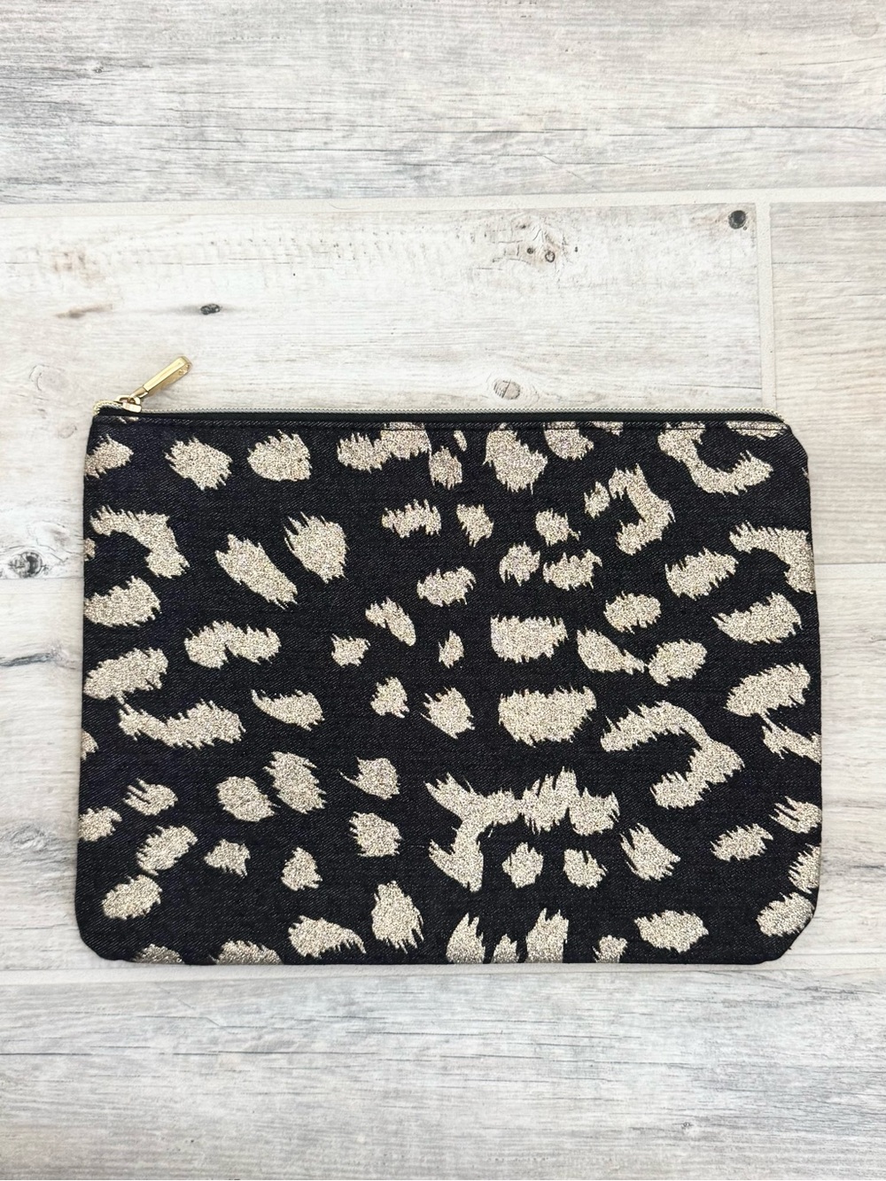 Black Denim Gold Animal Print Clutch Cosmetic Bag